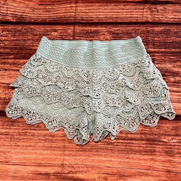 Jolt Pants - Light teal crochet like shorts with ruffle detail. Y2K fashion.